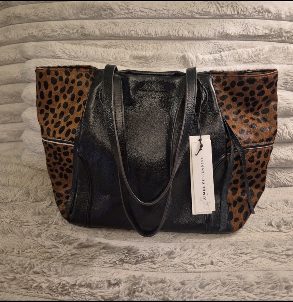 Aimee Kestenberg Chelsea Novelty Leather Tote Bag Black Cheetah Calfhaor Purse